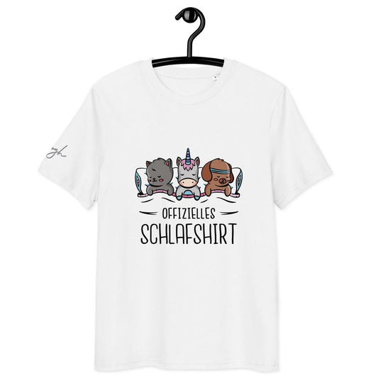 Bio - Baumwolle Schlafshirt – Offizielles Schlafanzug T-Shirt für Langschläfer mit Hund, Katze und Einhorn Design - bullogh#