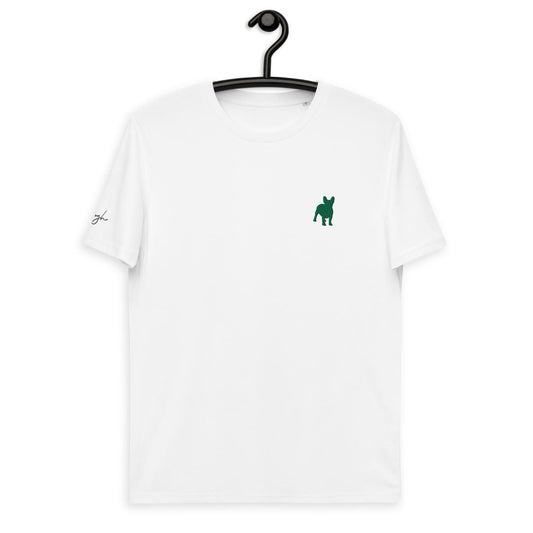 Stilvolle Bio Baumwoll T-Shirts Weiß mit Französischer Bulldogge V4 - Nachhaltige Kleidung für Frenchie Liebhaber - bullogh#