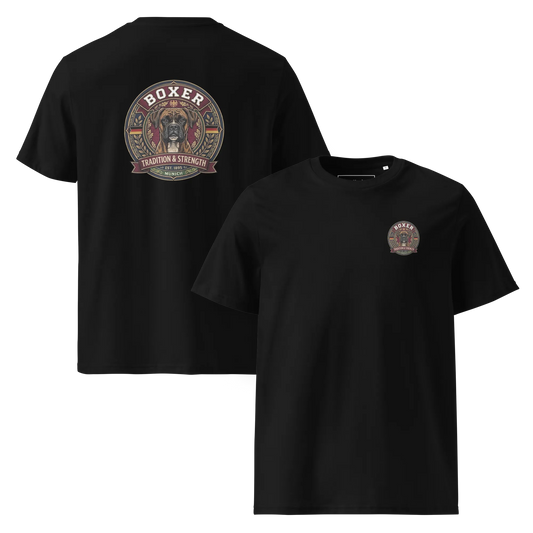 Boxer gestromt Dog Badge – Bio-T-Shirt