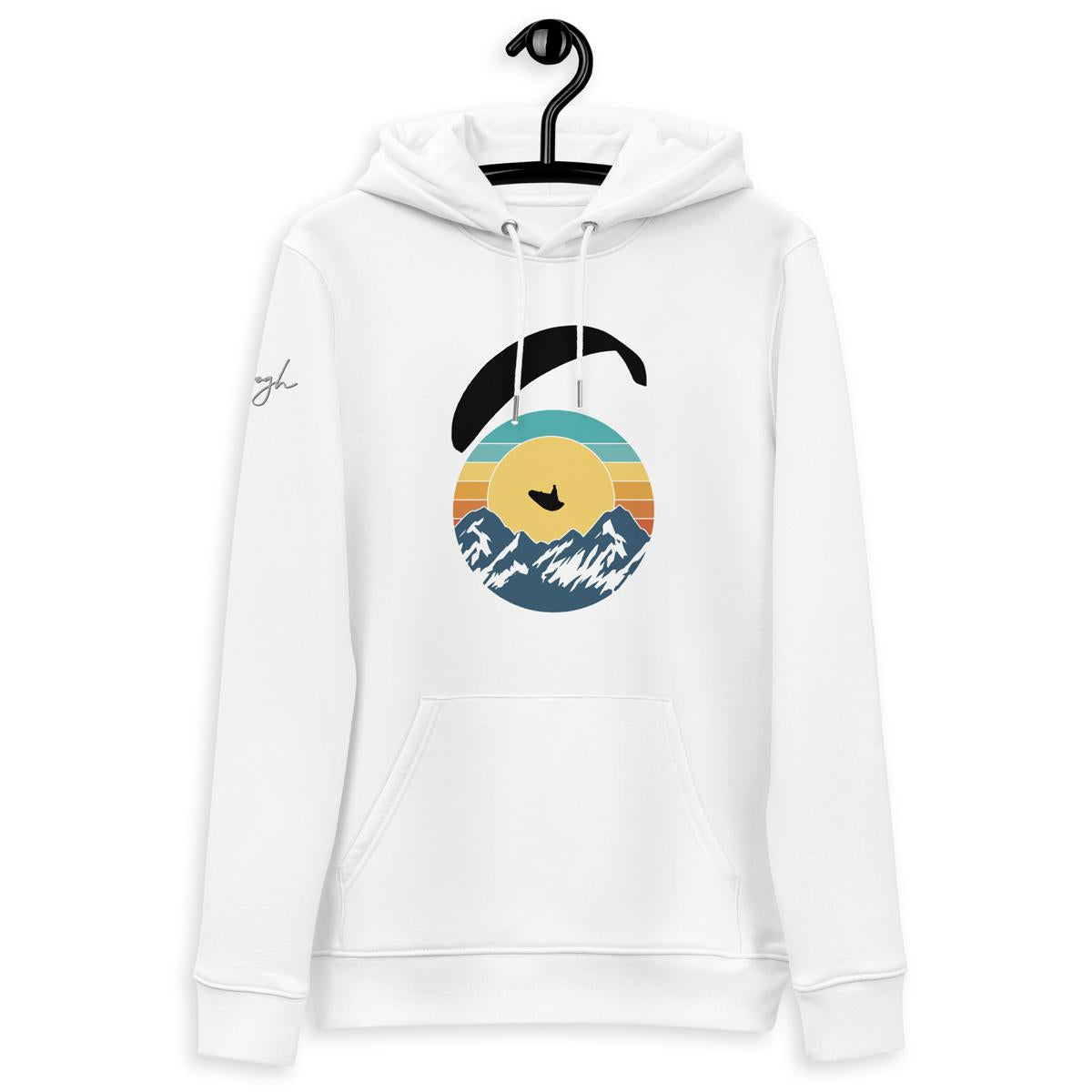 Stylisher Bio-Hoodie Paragliding Mountain aus recyceltem Polyester und Bio Baumwolle  für Gleitschirm-Fans