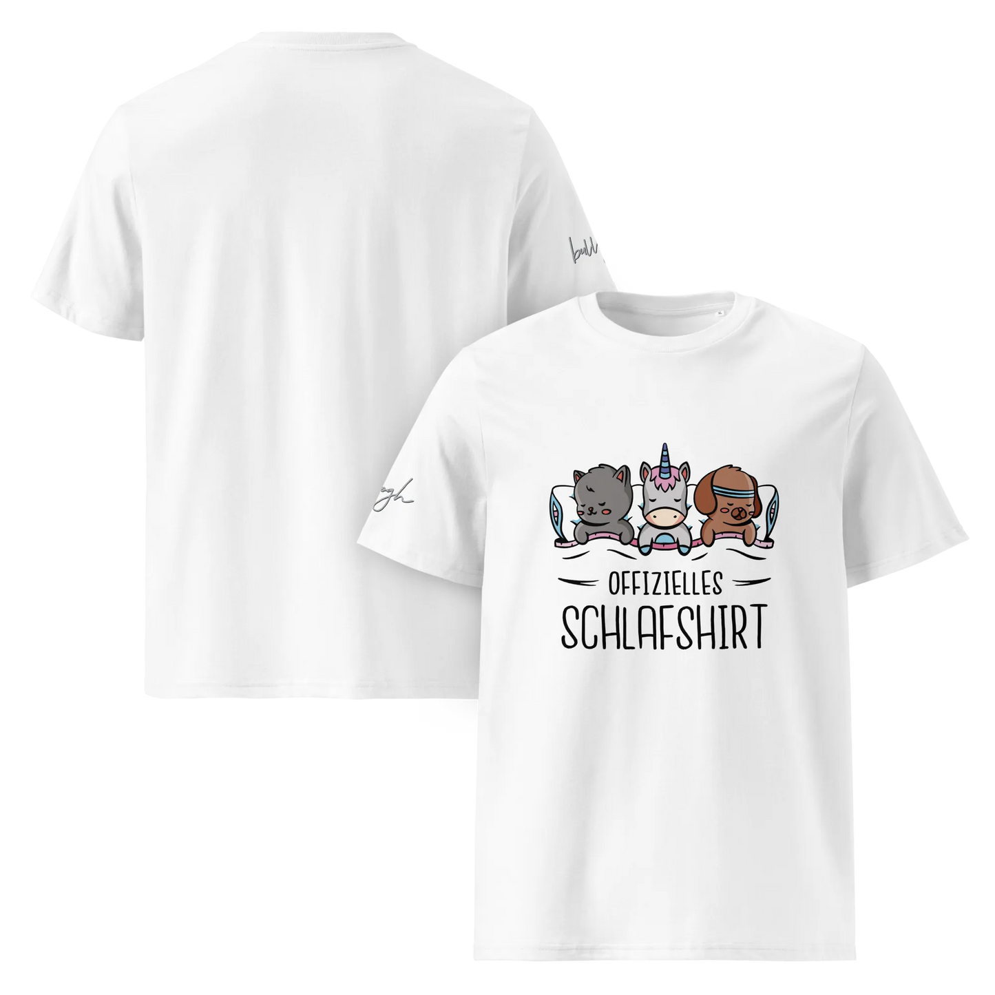 Bio-Baumwolle Schlafshirt – Offizielles Schlafanzug T-Shirt für Langschläfer mit Hund, Katze und Einhorn Design