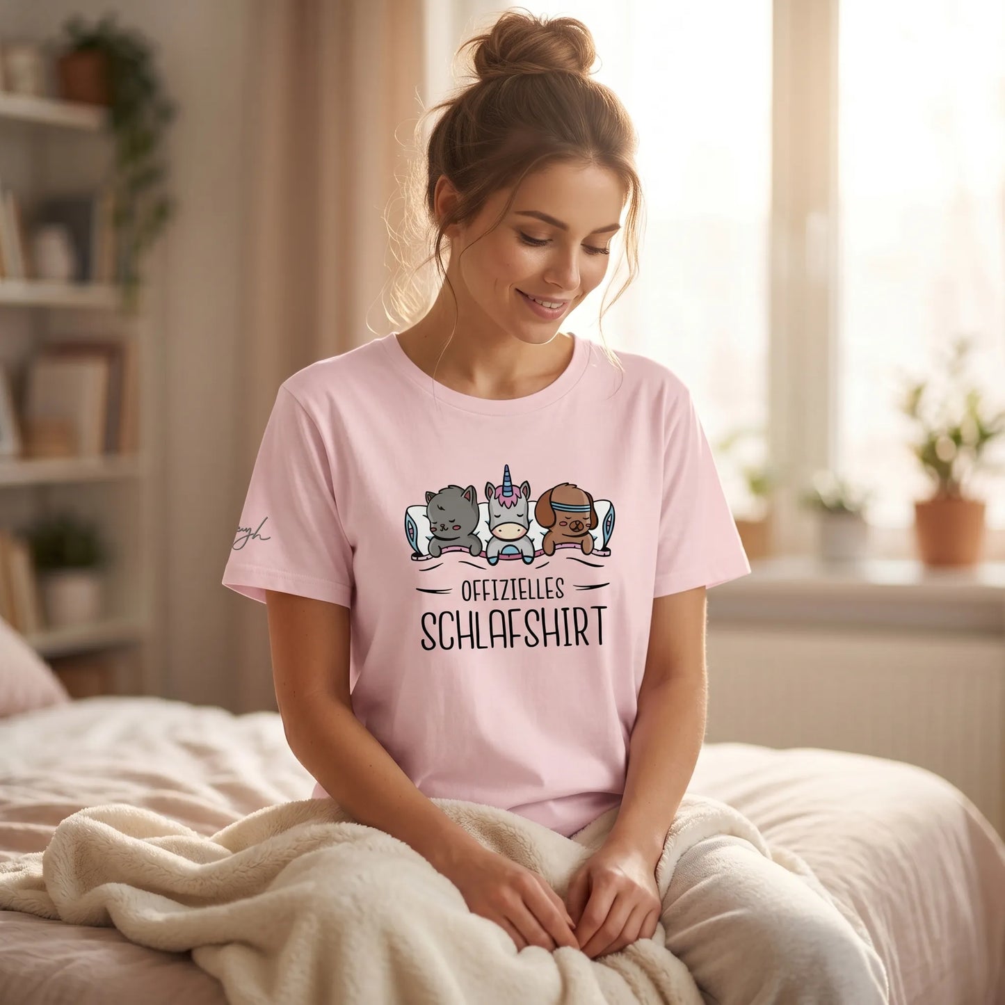 Bio-Baumwolle Schlafshirt – Offizielles Schlafanzug T-Shirt für Langschläfer mit Hund, Katze und Einhorn Design
